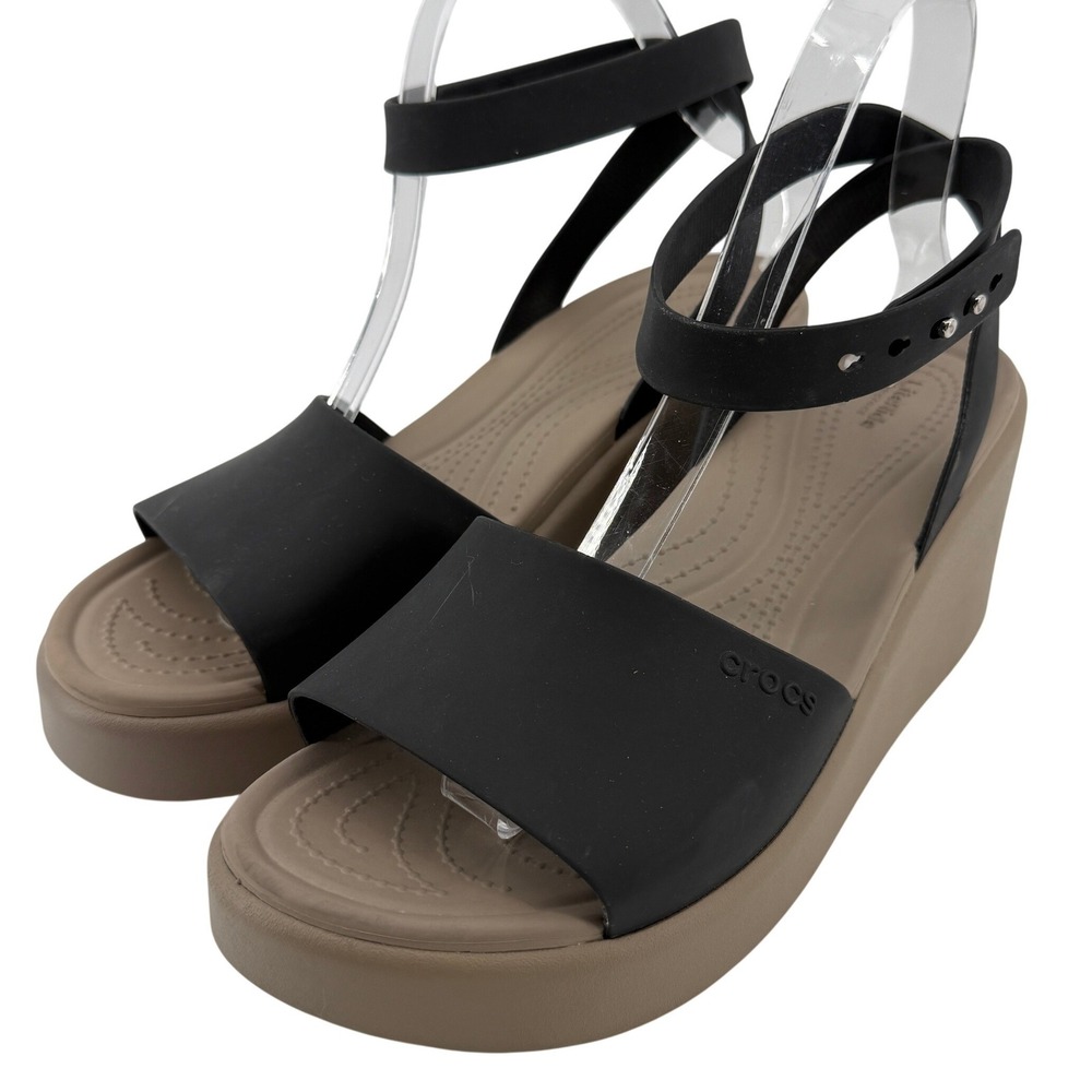 Crocs Brooklyn Ankle Strap Wedge Sandal Black/Mushroom Women 9 Vacation Y2K
